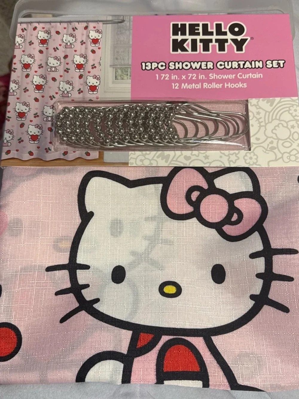 NWT Hello Kitty Pink Shower Curtain Set with strawberries and cherries